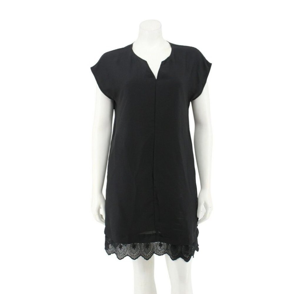 Madewell Black Chiffon Short Sleeve V-Neck Lace Trim Shift Dress Size XS